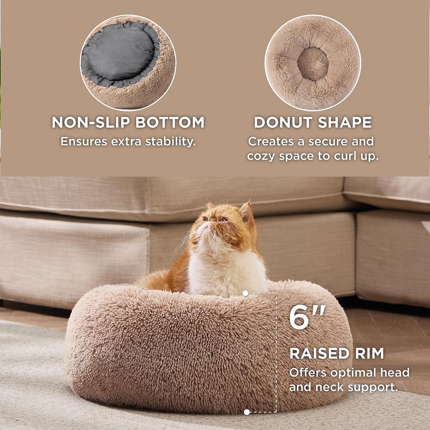 Calming 20" Washable Cat Bed: Anti-Slip, Fluffy Plush Faux Fur, Fits Pets Up to 15 lbs