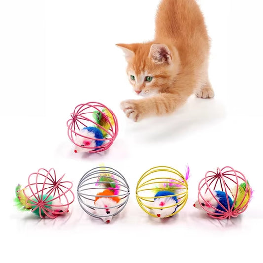 Funny Feather Mice Ball Cage for Kitten Creative Playing Toys Pet Products Play Cat Mouse Toy