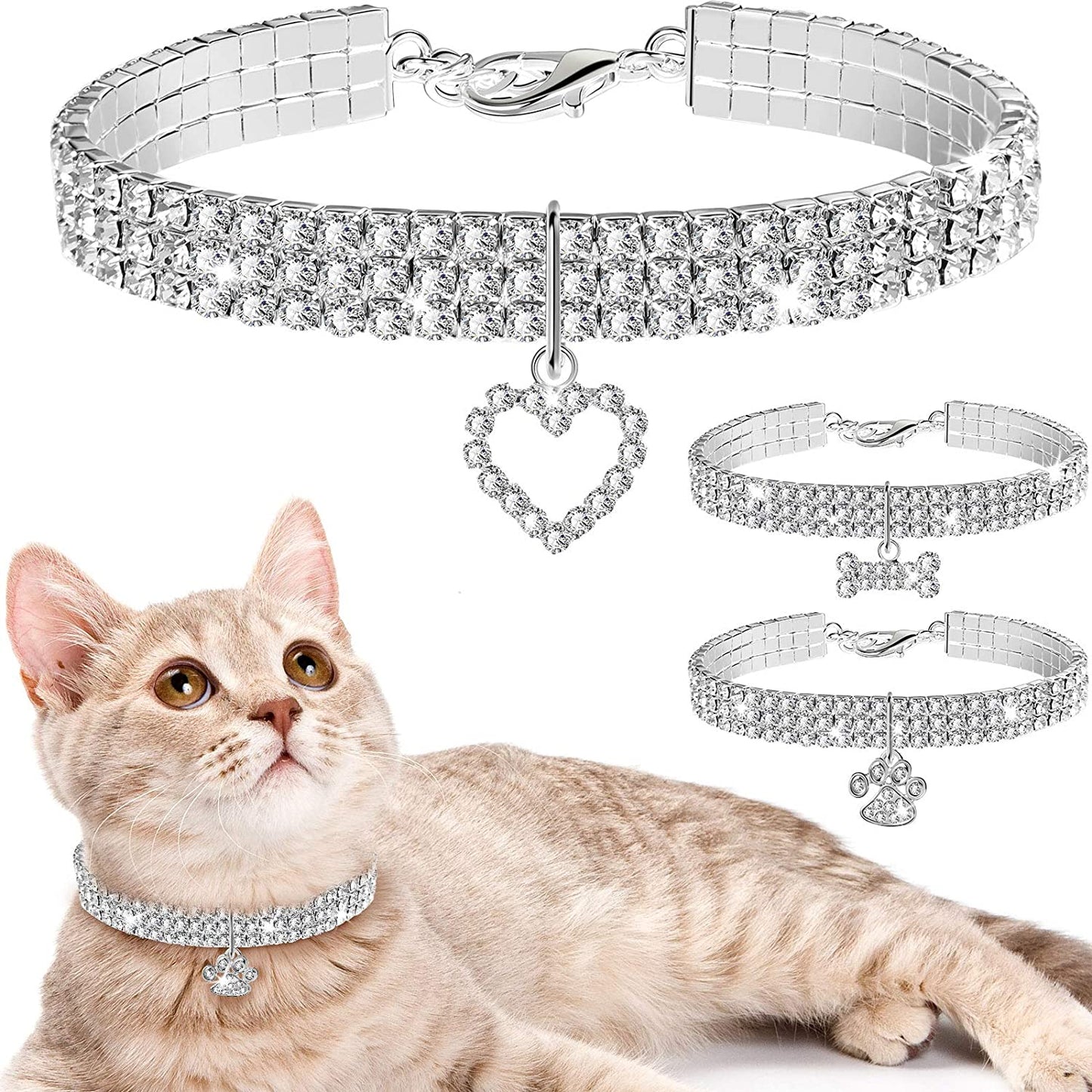 3-Piece Rhinestone Pet Collars: Adjustable Glitter Pendant Collar & Elastic Crystal Necklace for Small Dogs, Puppies & Cats (White)