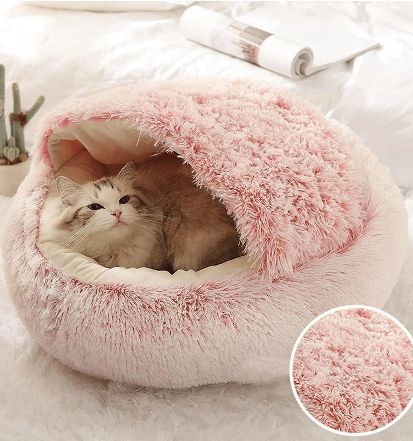 Soft Plush Pet Bed with Cover round Cat Bed Pet Mattress Warm Cat Dog 2 in 1 Sleeping Nest Cave for Small Dogs