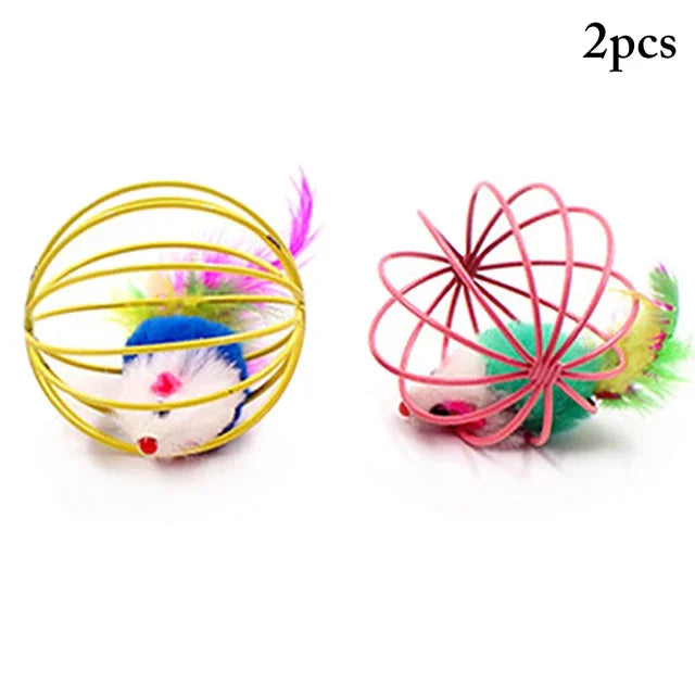 Funny Feather Mice Ball Cage for Kitten Creative Playing Toys Pet Products Play Cat Mouse Toy