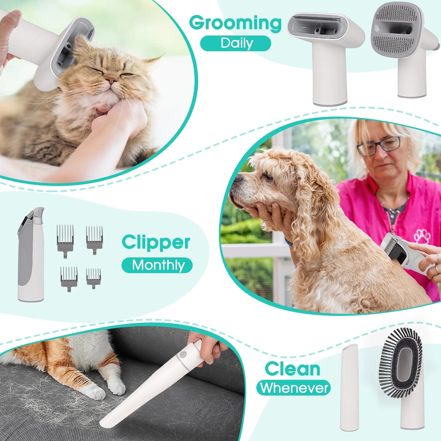 Pet Grooming Kit & Vacuum, 11Kpa Low-Noise Suction, 3 Modes, 5-in-1 Dog Vacuum with 2.5L Dustbin for Dogs, Cats & More.