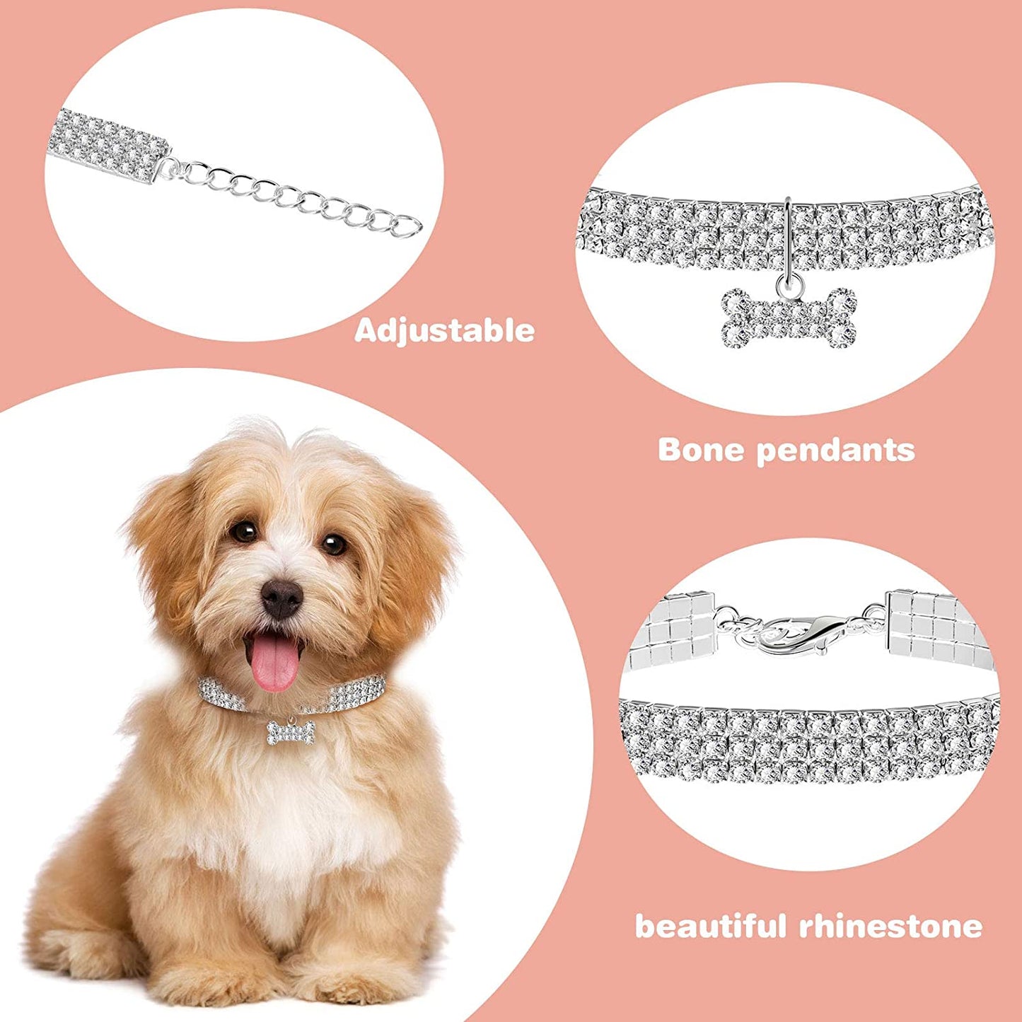 3-Piece Rhinestone Pet Collars: Adjustable Glitter Pendant Collar & Elastic Crystal Necklace for Small Dogs, Puppies & Cats (White)