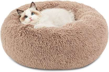 Calming 20" Washable Cat Bed: Anti-Slip, Fluffy Plush Faux Fur, Fits Pets Up to 15 lbs