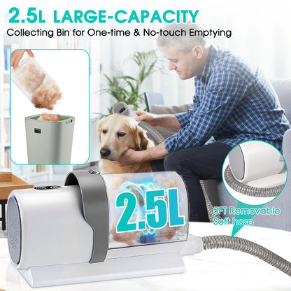 Pet Grooming Kit & Vacuum, 11Kpa Low-Noise Suction, 3 Modes, 5-in-1 Dog Vacuum with 2.5L Dustbin for Dogs, Cats & More.