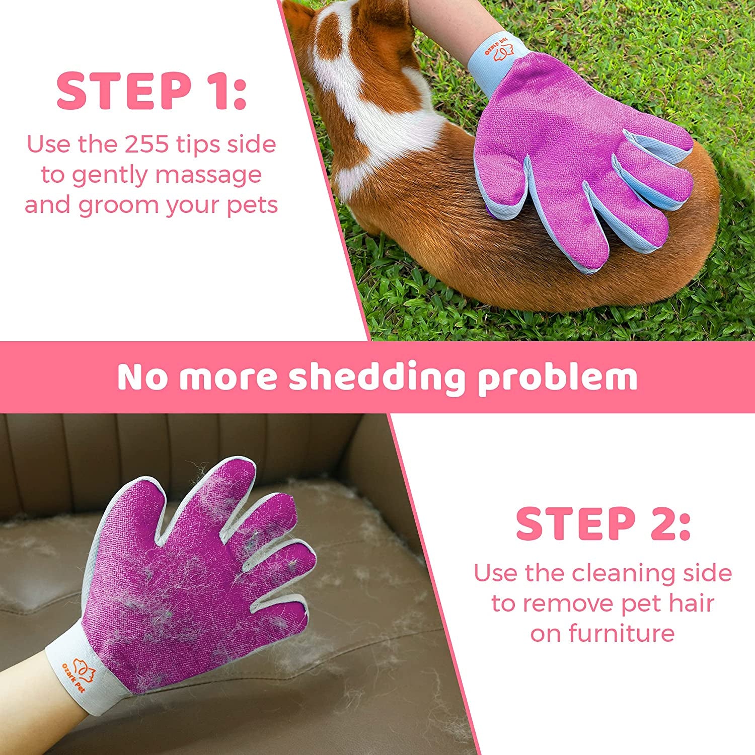 Deshedding Brush & Glove for Dogs/Cats, Reduces Shedding by 95%, Dematting Tool for Short/Long Hair, Small/Medium Breeds (Pink)