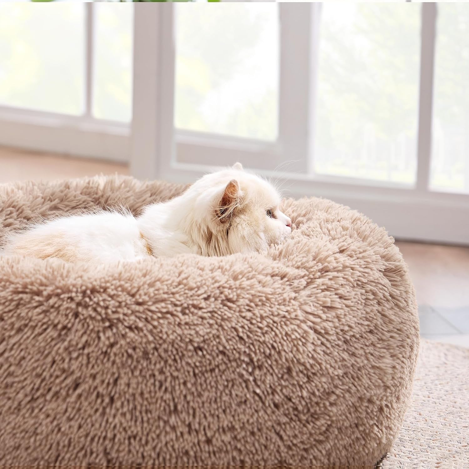 Calming 20" Washable Cat Bed: Anti-Slip, Fluffy Plush Faux Fur, Fits Pets Up to 15 lbs