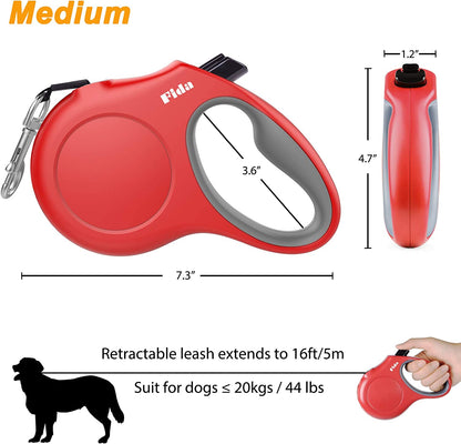 Retractable Dog Leash with Poop Bag Dispenser, 16 Ft Reflective Leash for Dogs/Cats up to 44 Lbs, Tangle-Free, Anti-Slip Handle (Red, M)