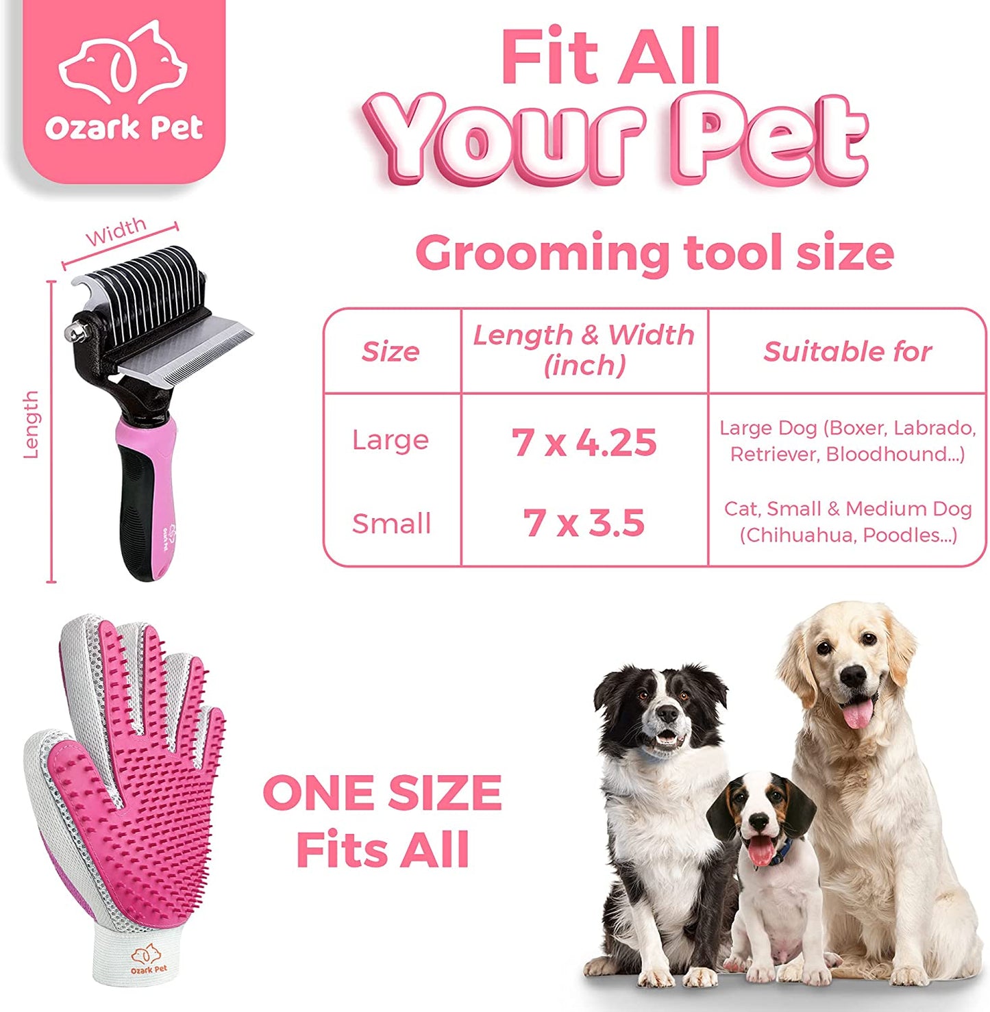 Deshedding Brush & Glove for Dogs/Cats, Reduces Shedding by 95%, Dematting Tool for Short/Long Hair, Small/Medium Breeds (Pink)